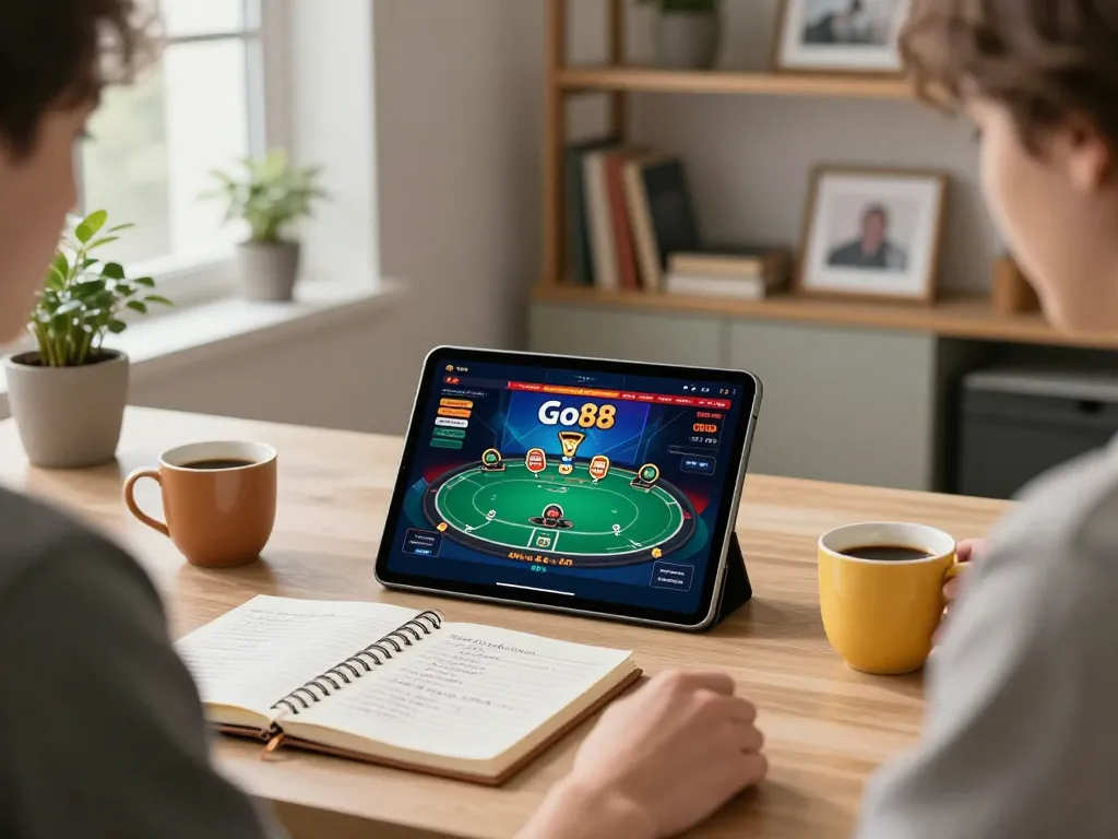Engaging in Go88 online casino gaming in a stylish home office setting, showcasing strategic planning.
