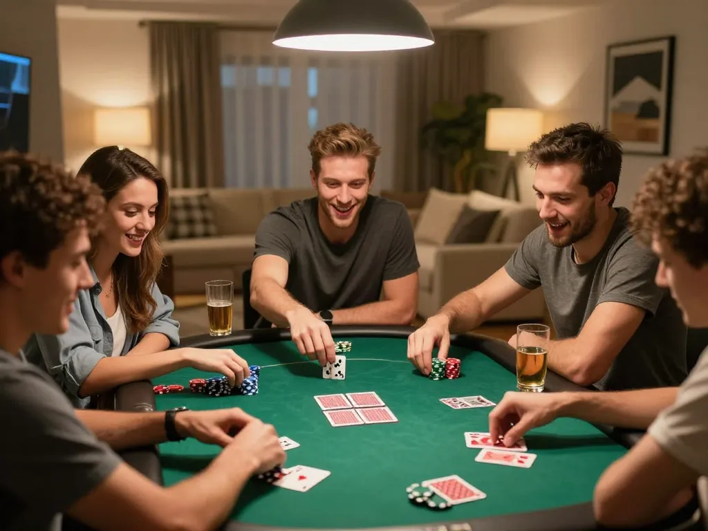 Friends enjoying a poker night at home, using 58win strategies for strategic gameplay.