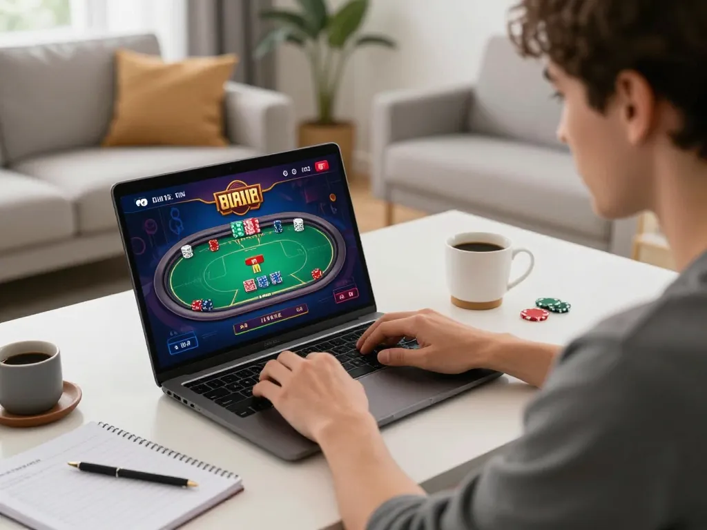 Engaged player at home using ww88 online casino platform for poker gameplay on laptop.