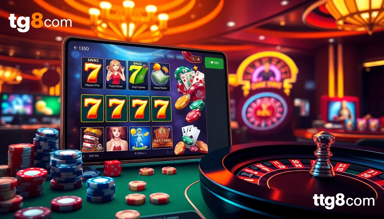 Engaging scene of online gambling at tg88 com, featuring poker chips and vibrant slot games.