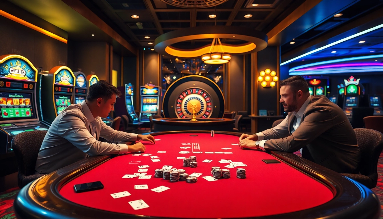 Engaging poker game scene emphasizing the thrilling atmosphere at https://nohu900.in.net/ with vibrant tables and professional players.