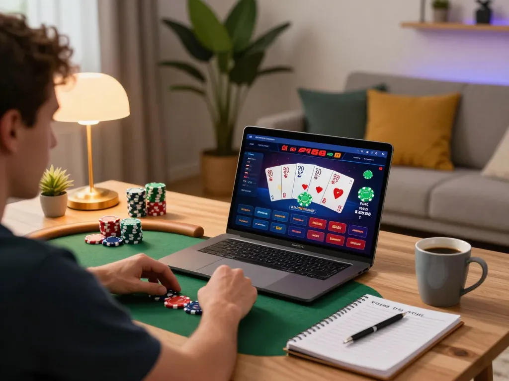 F168 player enjoying an engaging live poker game on a laptop with strategy notes