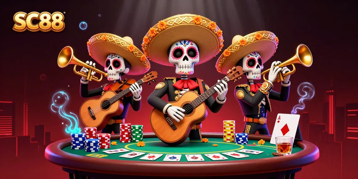 Engage with SC88: A vibrant casino scene featuring lively mariachi characters amidst poker elements.