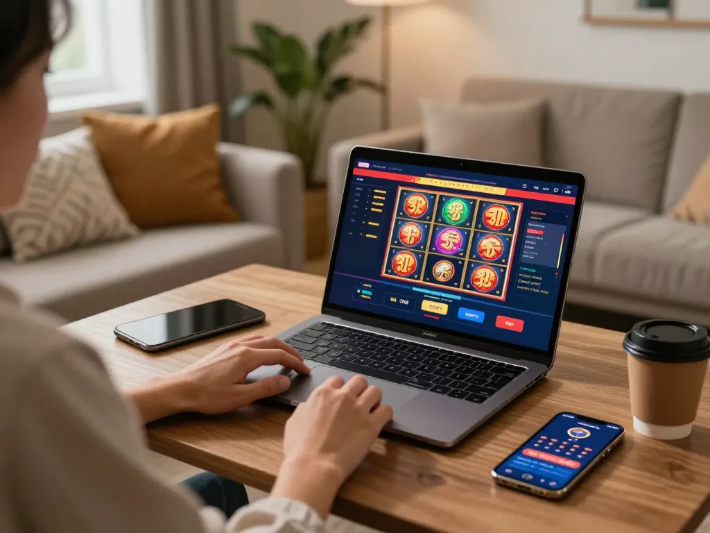 Engaged player using MB66 on laptop for online casino gaming in cozy setting.