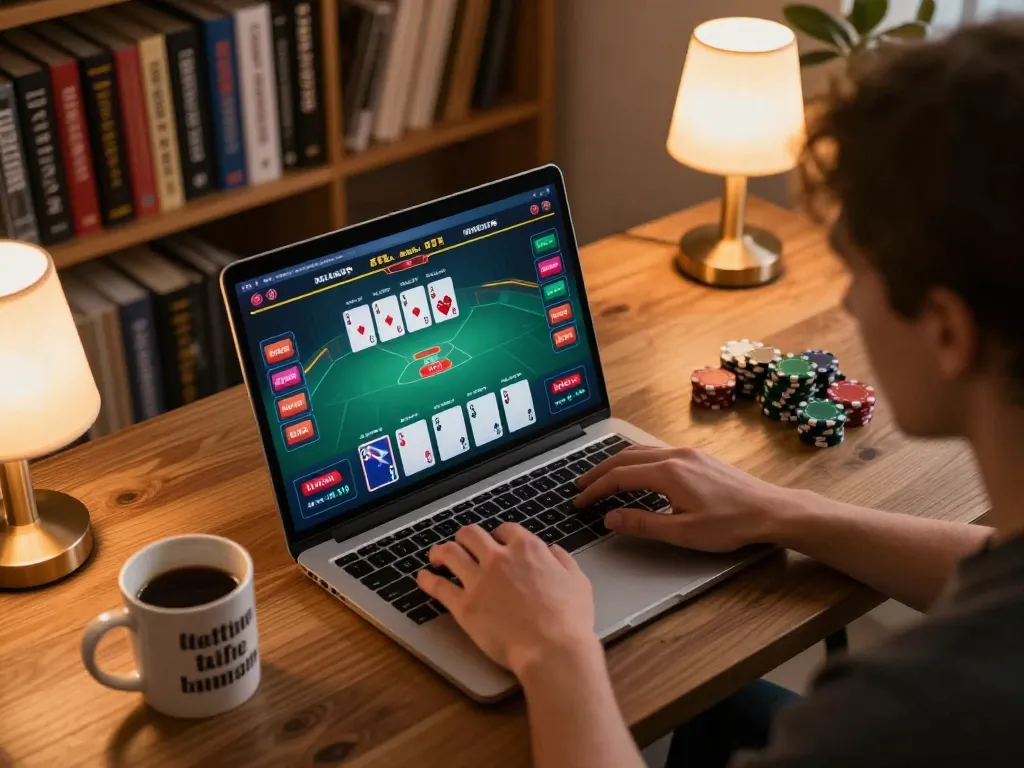 Experience thrilling online gaming with 78winvina in a cozy home setup focused on strategy.
