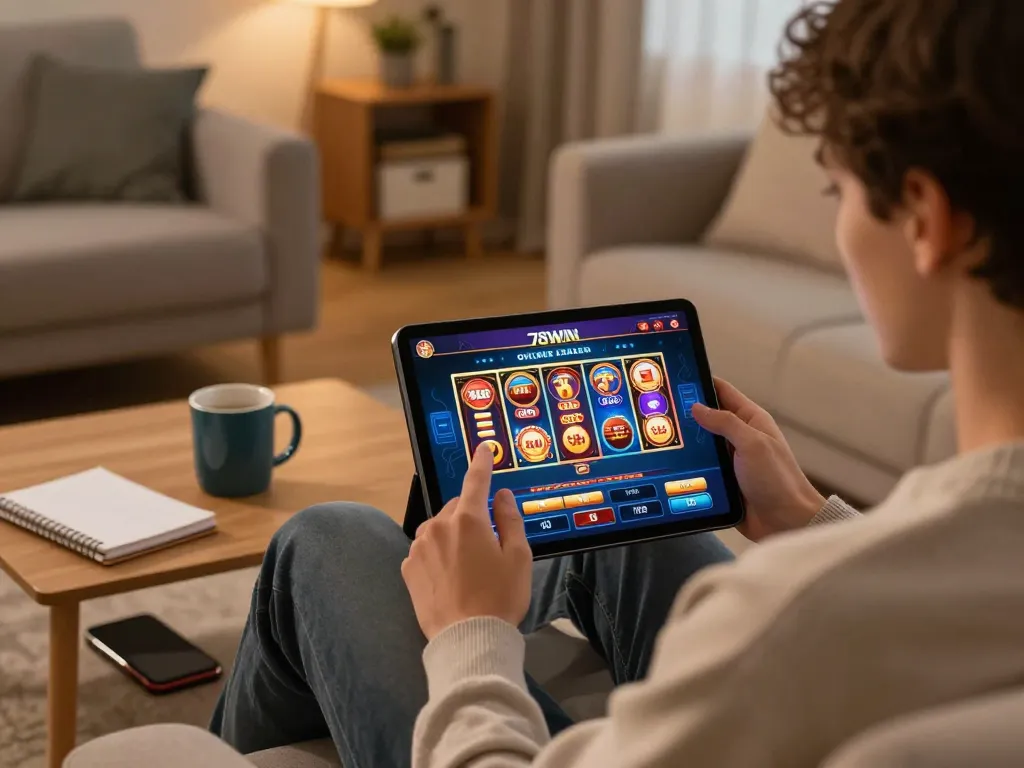 Engaged player navigating the 78WIN online casino on a tablet in a cozy living room.