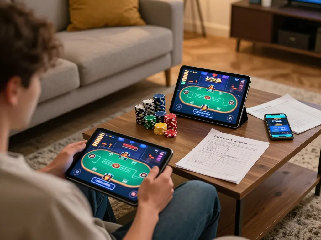 Engaging in online gaming with lc88 on a tablet, showcasing poker strategy and responsible play