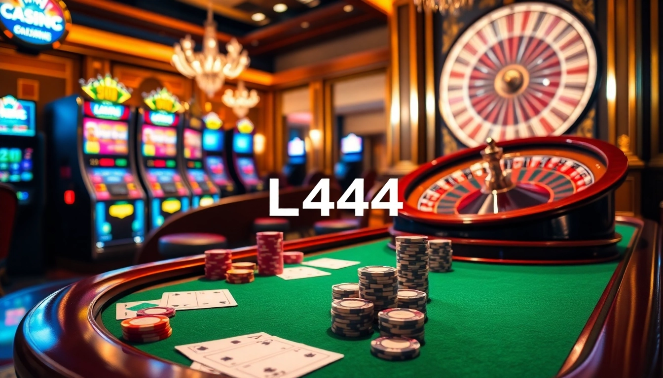 L444 offers an exciting casino atmosphere featuring poker chips, cards, and slot machines.