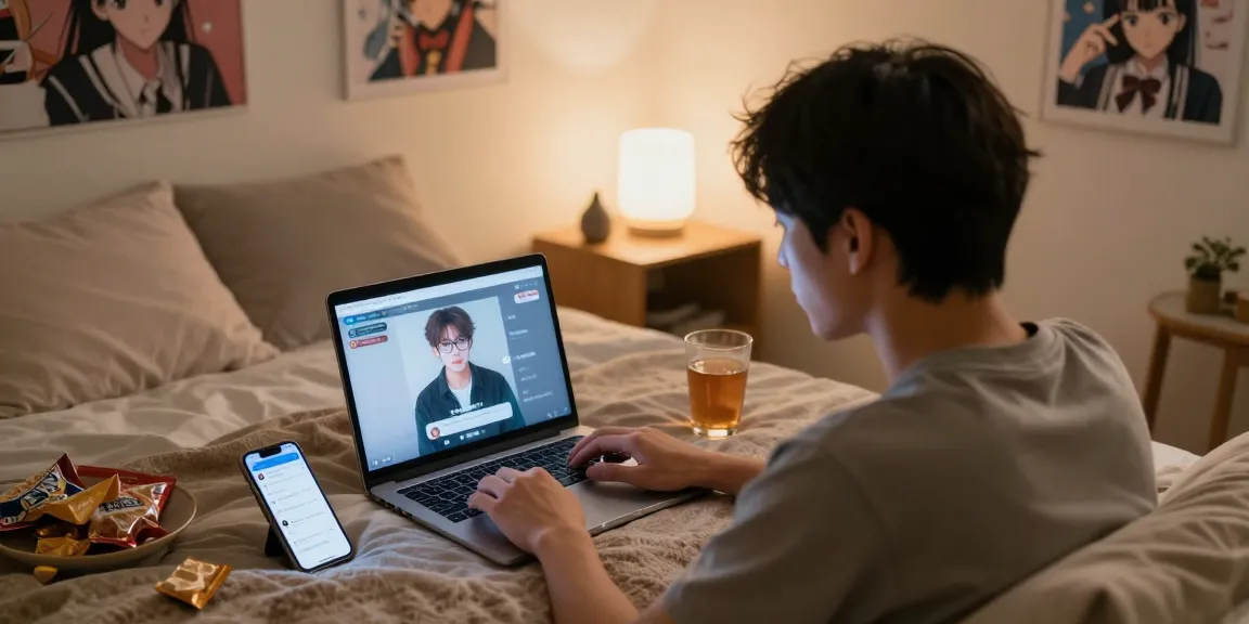 Young adult engaging in ecchi chat AI on laptop in cozy bedroom.