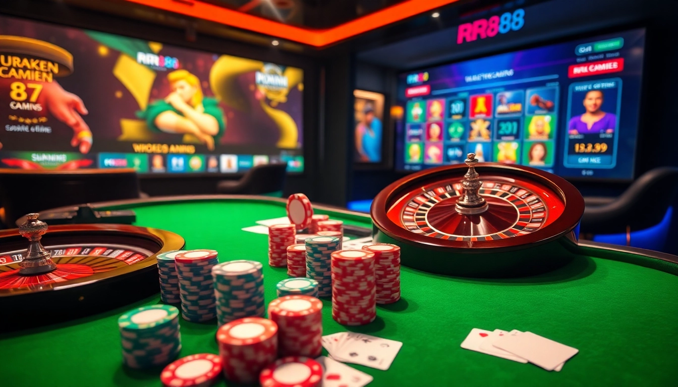 Players winning big at RR88 with colorful casino chips and vibrant game tables.