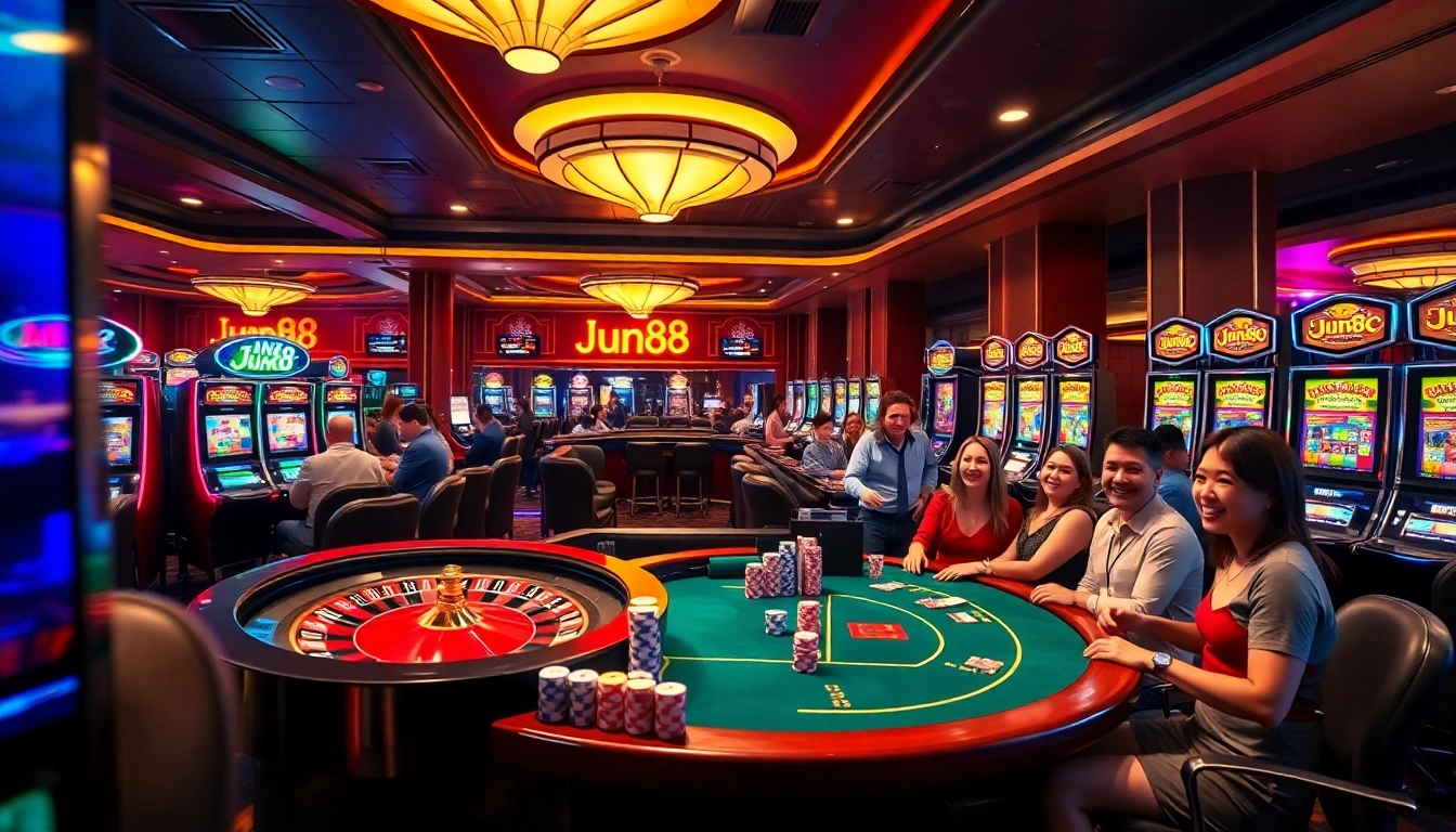 Experience the thrill of Jun88 casino with vibrant gaming and luxurious ambiance.