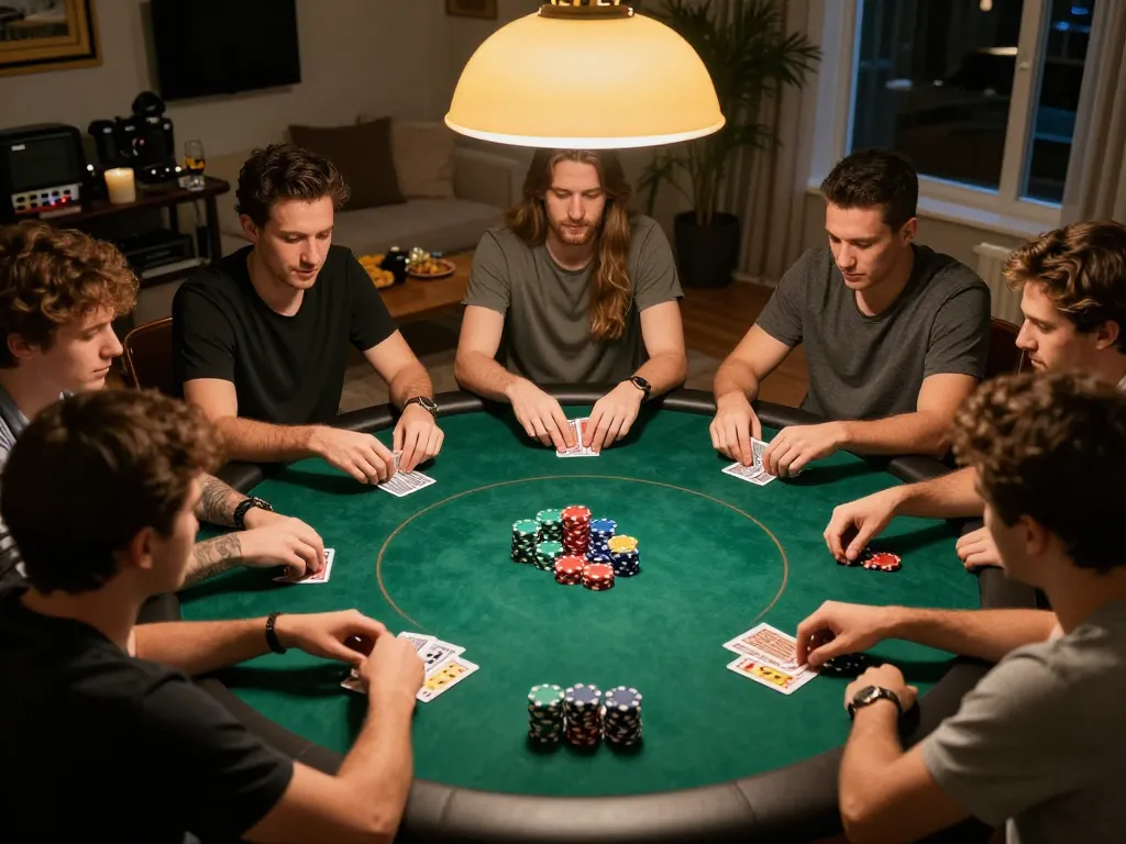Friends enjoying an exciting poker game, showcasing qq88 strategy in a cozy home setting.
