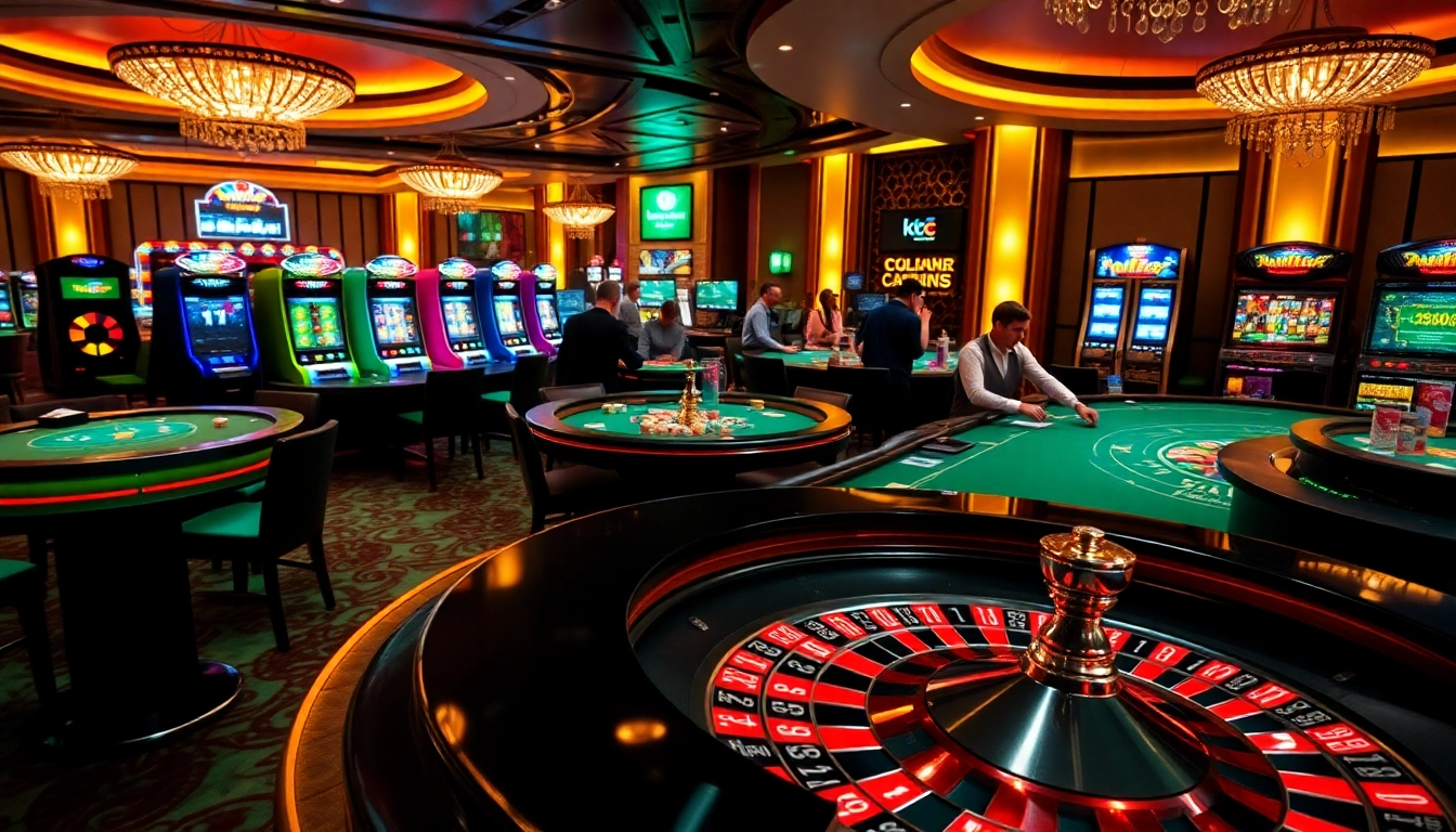 KJC mm88 offers an exciting casino experience with poker tables and vibrant roulette wheels.