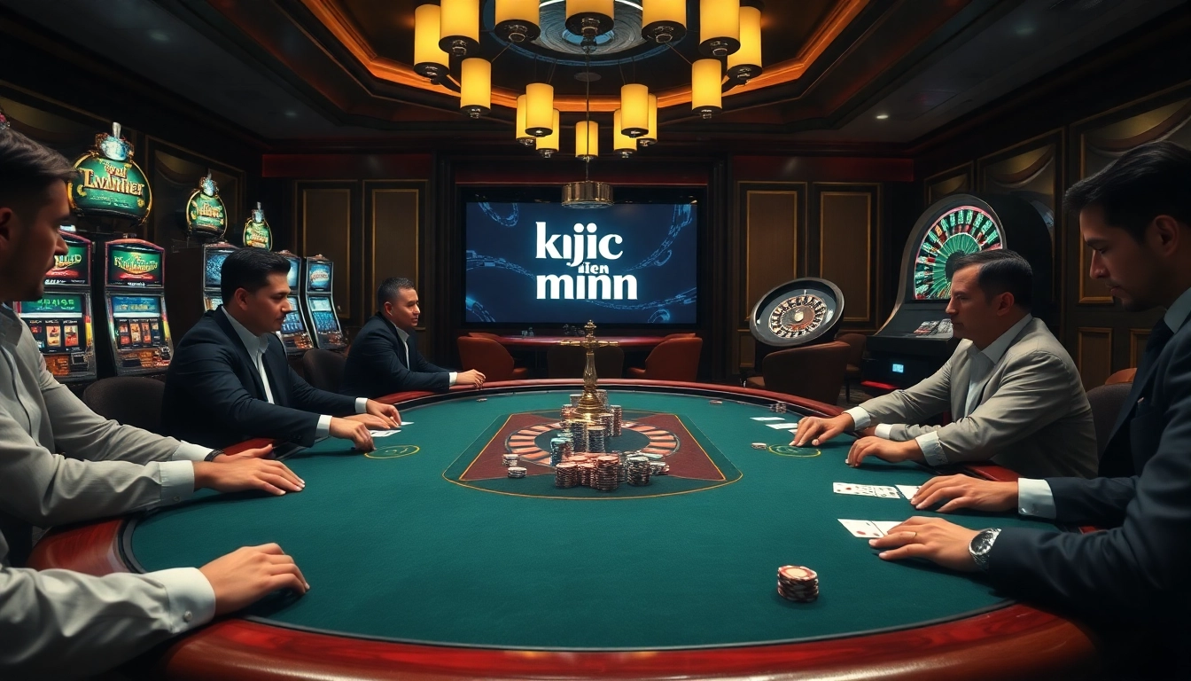 KJC liên minh players enjoying a high-stakes poker game in an elegant casino setting.