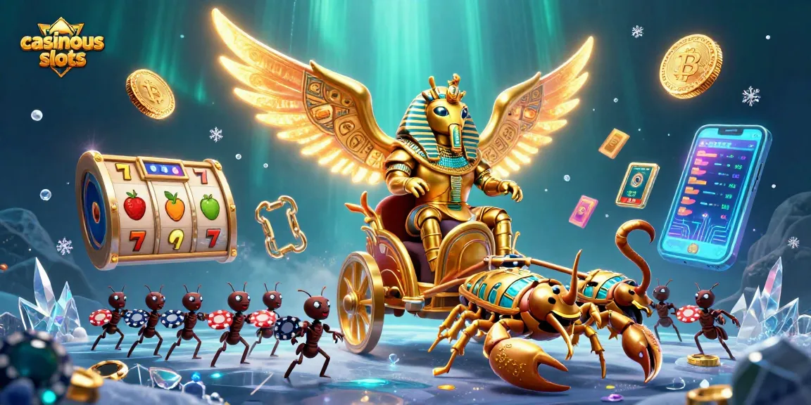 Experience casinous slots with a dynamic scene featuring a golden scarab beetle and slot elements.