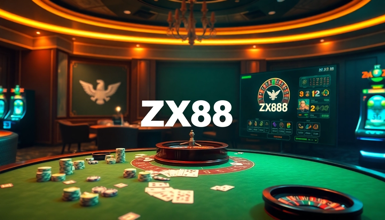 Experience the excitement of ZX88 with a luxurious casino scene featuring poker chips, cards, and slot machines.