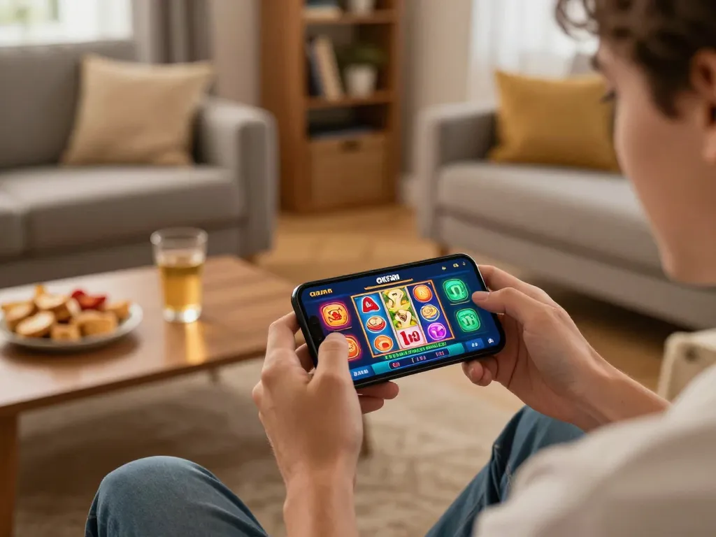 Engaged player using the okfun mobile app for dynamic online slot gameplay in cozy home setting.