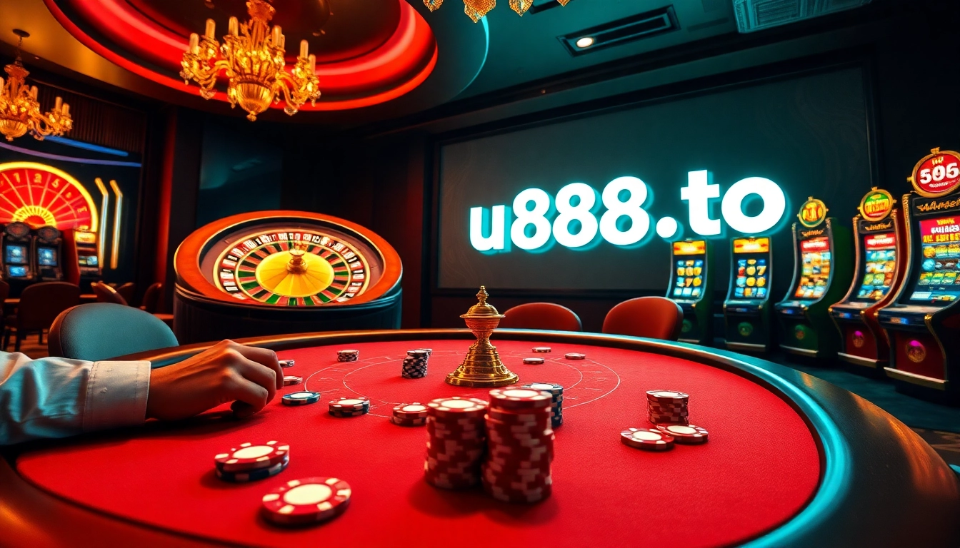 Exciting scene from u888u.to featuring players at a poker table under dramatic lighting.