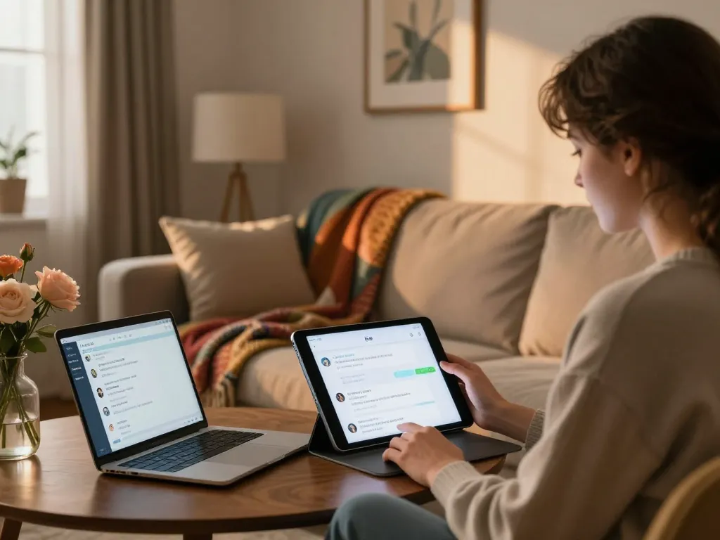 Engaging in ai sex chat with a customized AI companion in a cozy home environment.