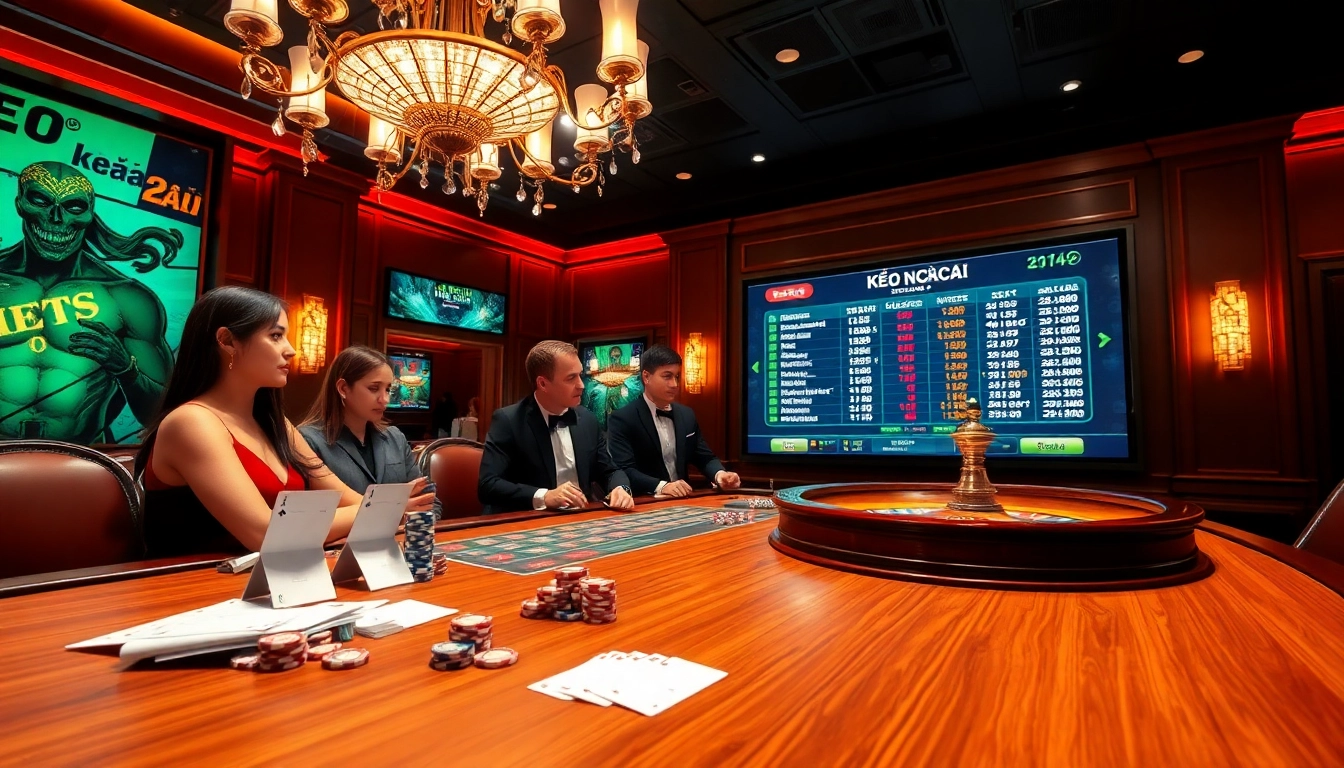 Engaged players assessing kèo nhà cái odds at a luxurious casino table with vibrant betting props.