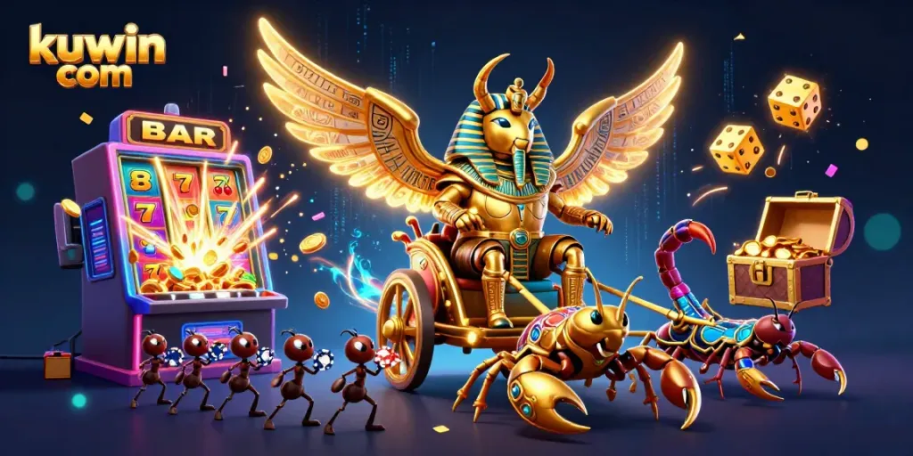 Experience thrilling games at kuwin com with a cosmic chariot led by a golden scarab and lively casino elements.