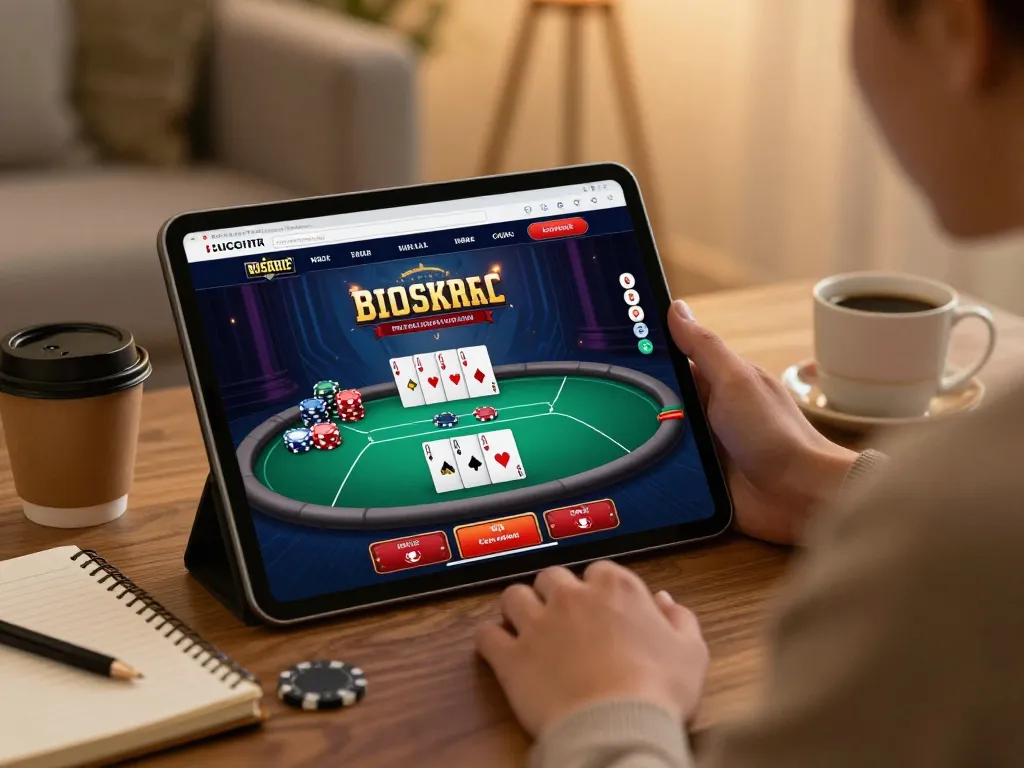 Player enjoying poker gameplay on go8.com with warm ambiance and strategic focus at home.
