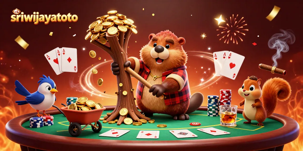 Sriwijayatoto showcases a dynamic 3D beaver character celebrating with gold coins and poker elements.