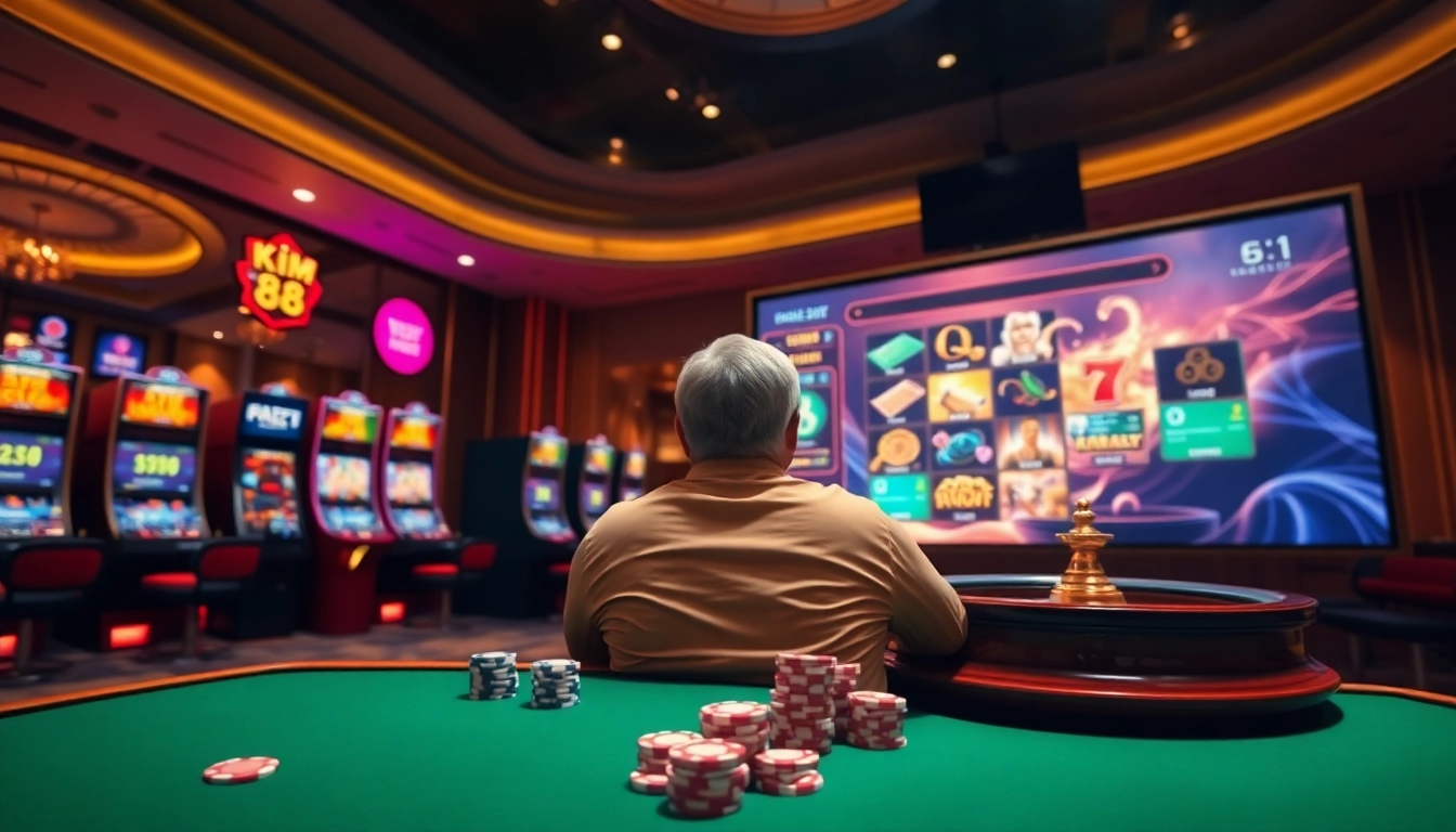 Play exciting games at kim88 casino with vibrant slot machines and a luxurious atmosphere.