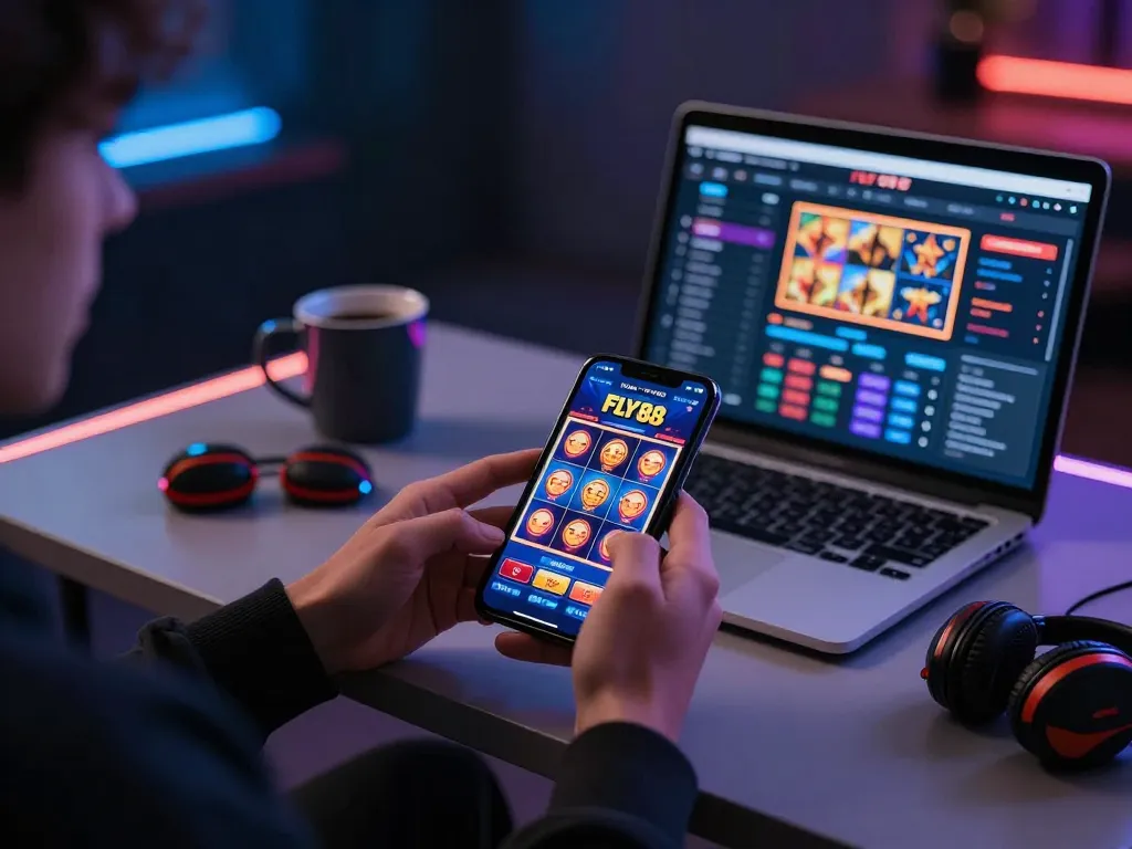 Engaging mobile gaming on FLY 88 app in a stylish home setup
