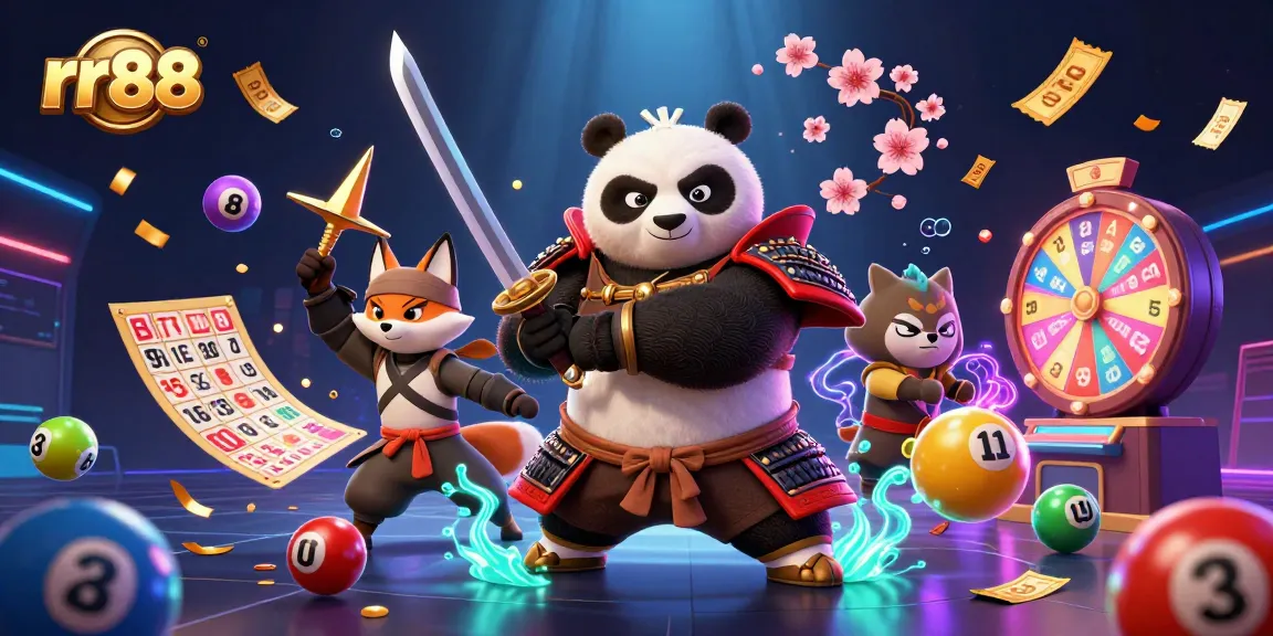 Engage with thrilling gaming at rr88 as a samurai panda and friends celebrate amidst vibrant casino elements.