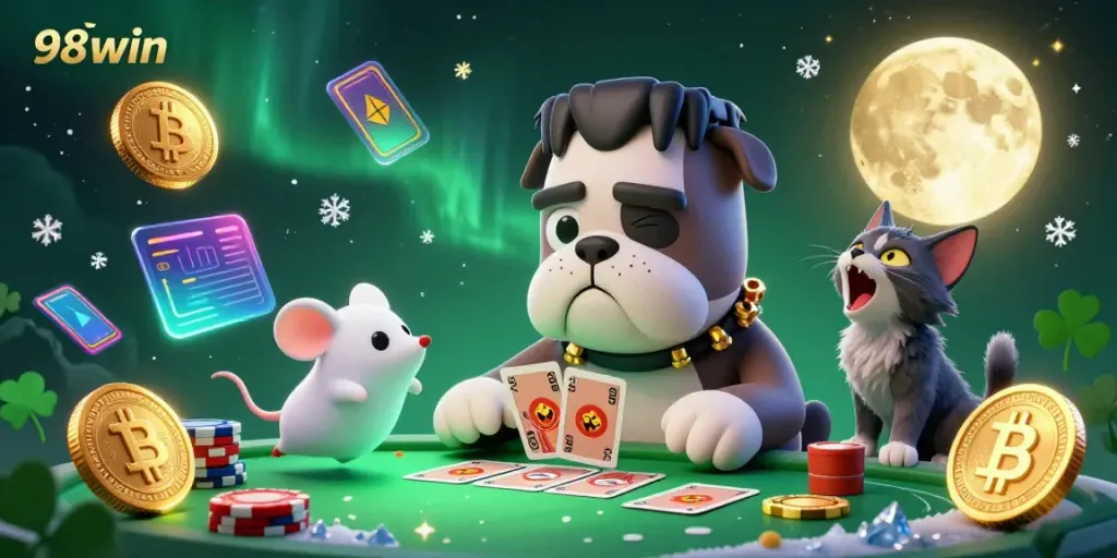 Join the excitement at 98win with a vivid 3D illustration showcasing a cartoon bulldog dealing cards and crypto elements.