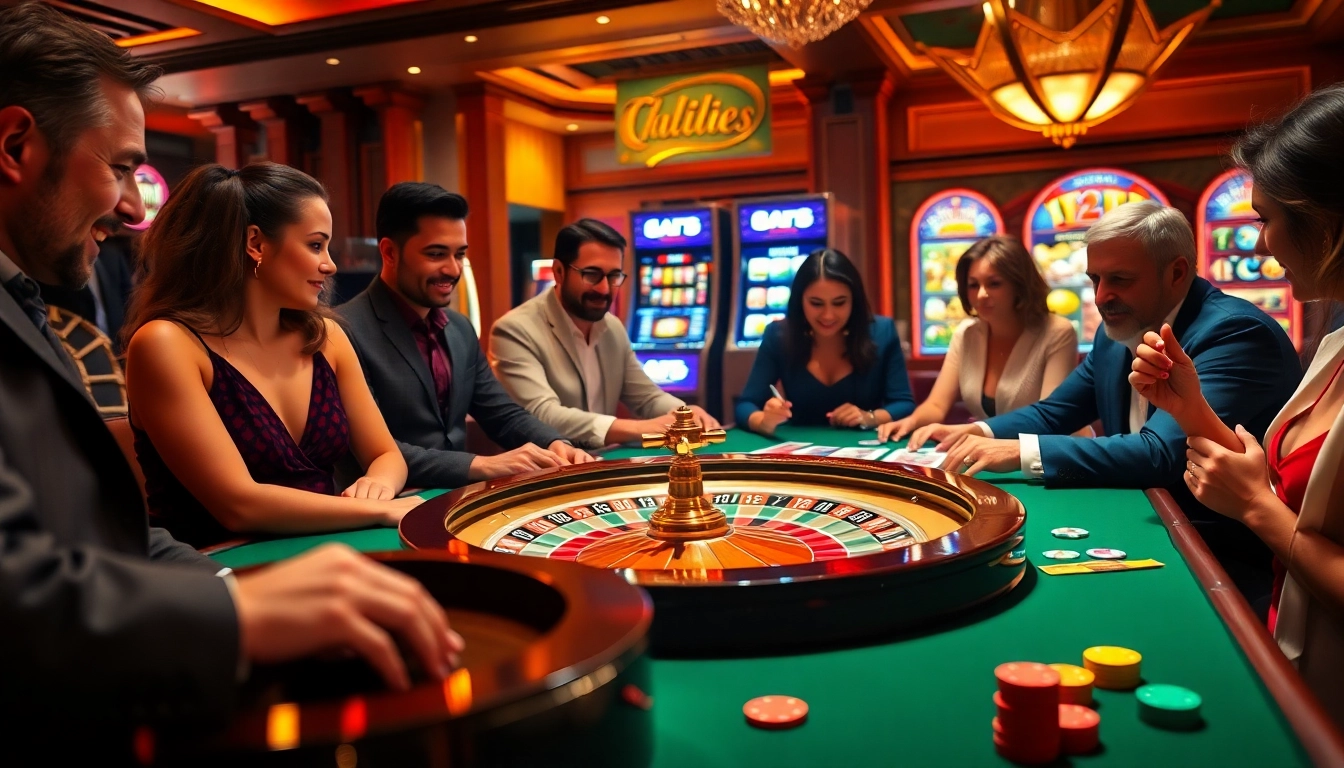 Engaged players at the lavish casino table enjoying 'tha bet' activities with vibrant poker chips.