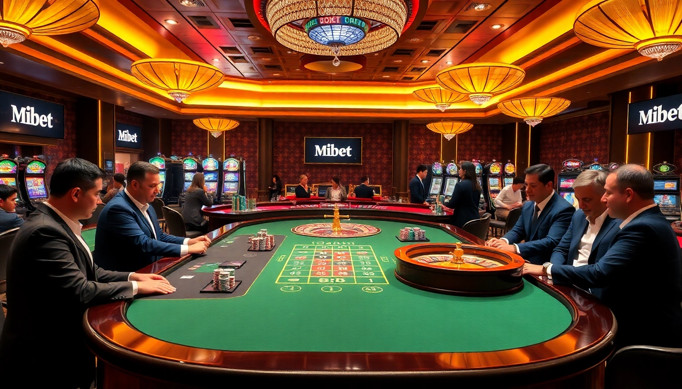 Mibet offers thrilling gaming experiences at a luxurious casino featuring roulette wheels and vibrant poker tables.