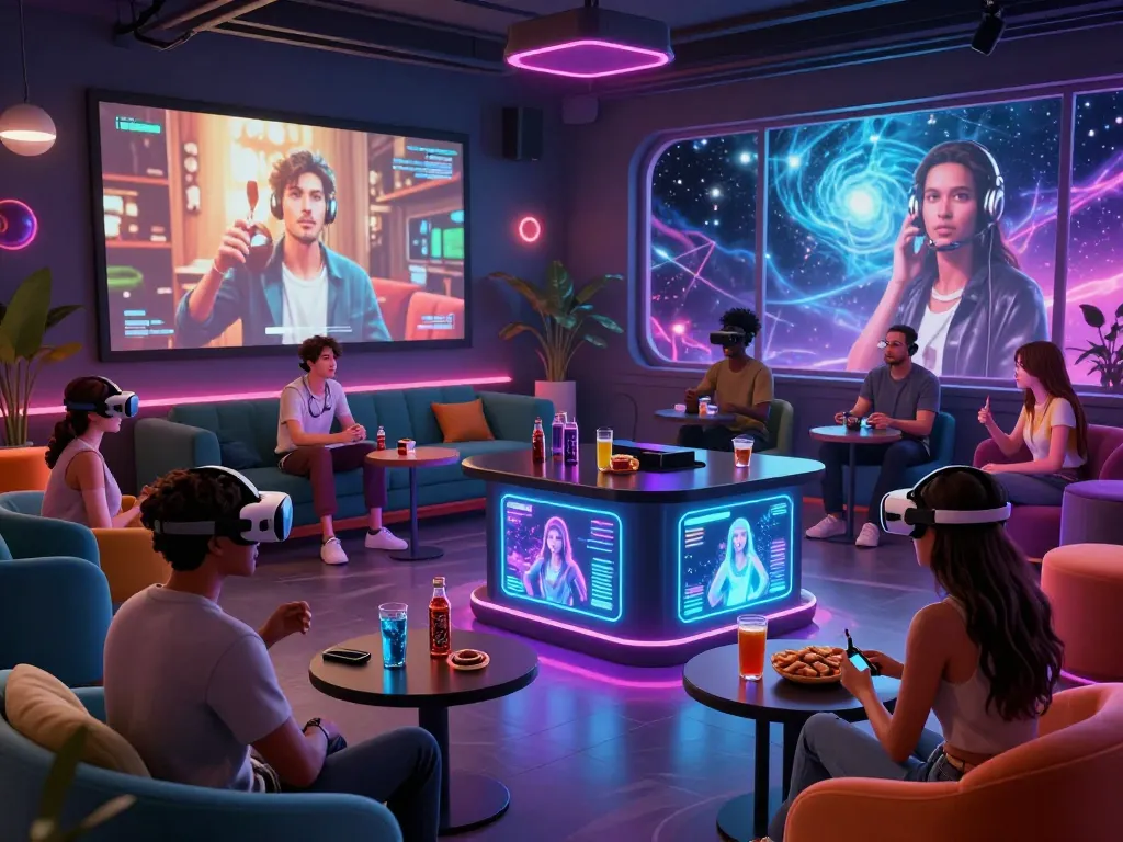 AI porn avatars engaging in a vibrant digital lounge with immersive content and futuristic lighting.