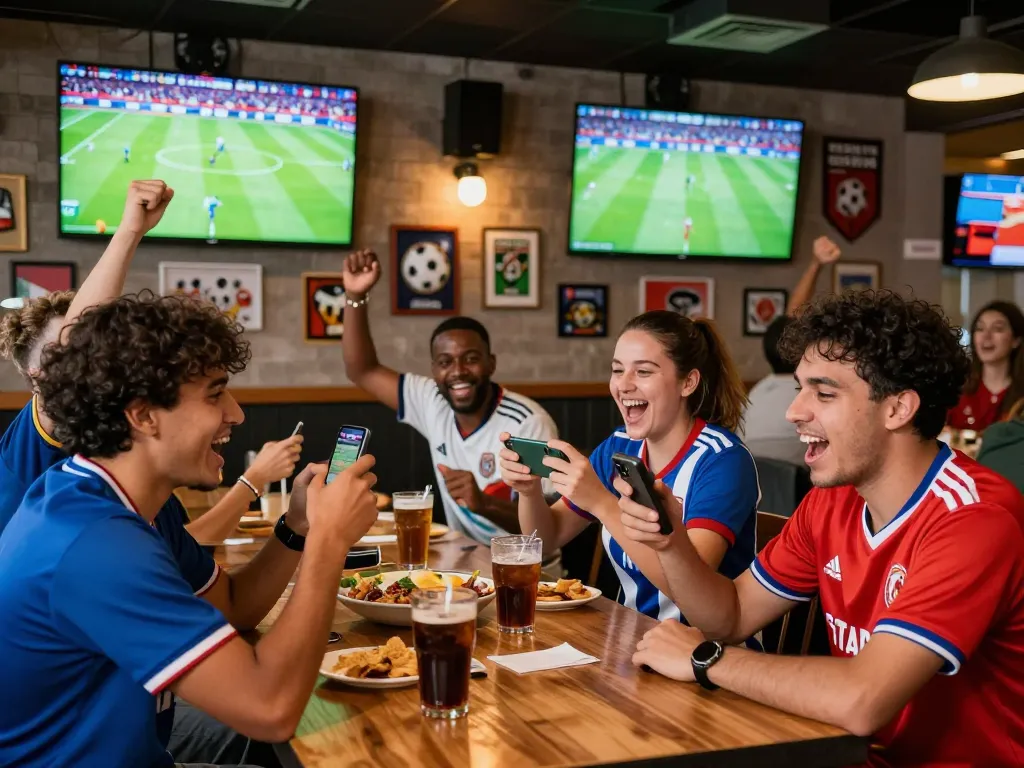 Football fans celebrating match day while viewing 7M updates in a lively sports bar.