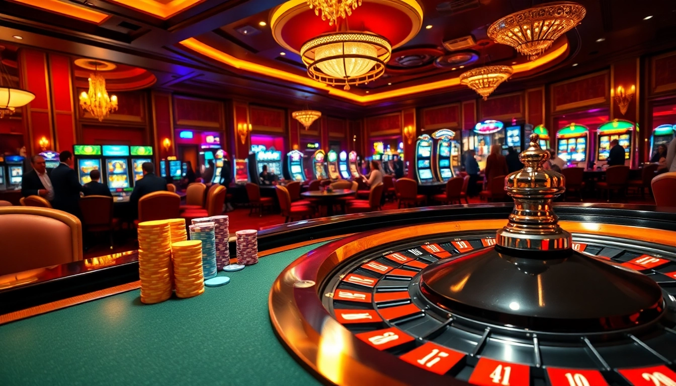 Experience the thrill of gambling at luck8 with a vibrant casino scene featuring roulette and celebrating players.