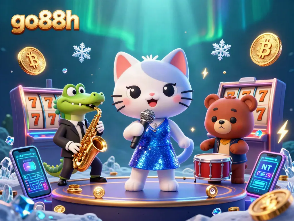 Experience excitement with go88h in a vibrant casino scene featuring jazz, crypto elements, and colorful characters.