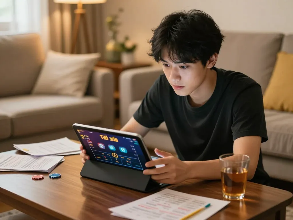 Tài xỉu online gameplay on tablet in cozy home environment, showcasing betting strategies and player engagement.