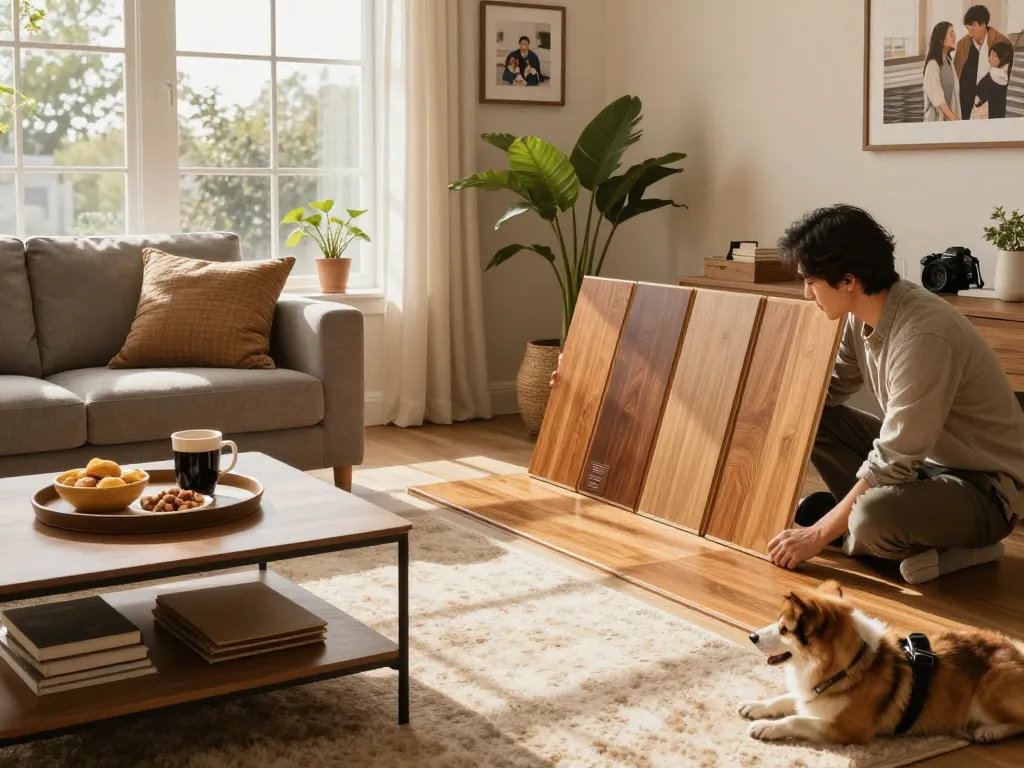 Engaged homeowner exploring hardwood flooring options with sunlight illuminating a cozy living room, reflecting the search for flooring specialists near me.