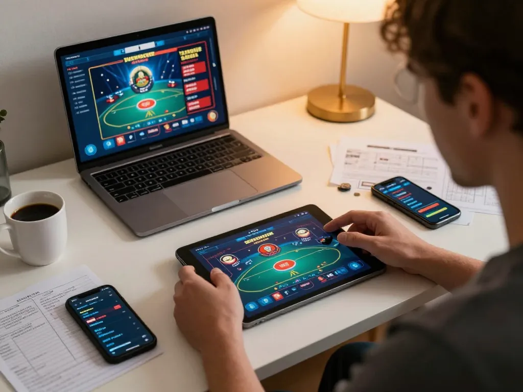 Player engaging in strategic online poker on go89 app, cozy gaming setup with tablet and notes.