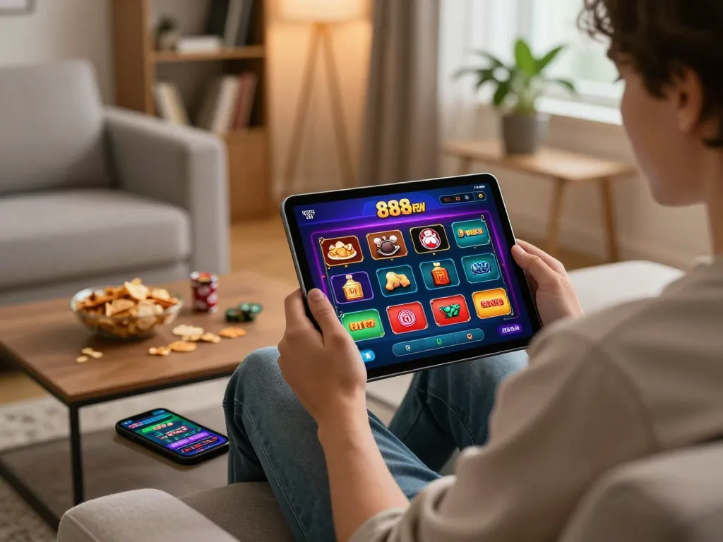 Engage with 888NEW's casino app on a tablet in a cozy home setting, enjoying online gaming.