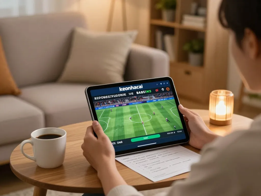 Engaging in online gambling at home, checking keonhacai odds and strategies on a tablet.
