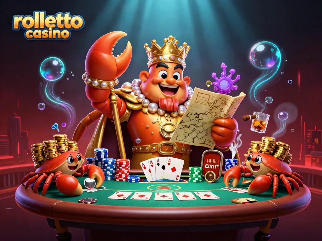 Experience the excitement of rolletto casino with a vibrant scene featuring a golden crab emperor and poker elements.