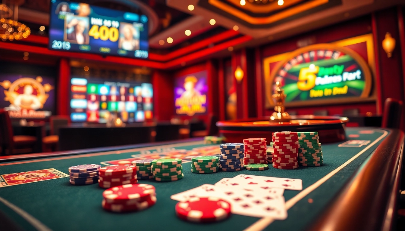 Players enjoying an exciting game at nhà cái 888VND casino, showcasing vibrant poker chips and cards.