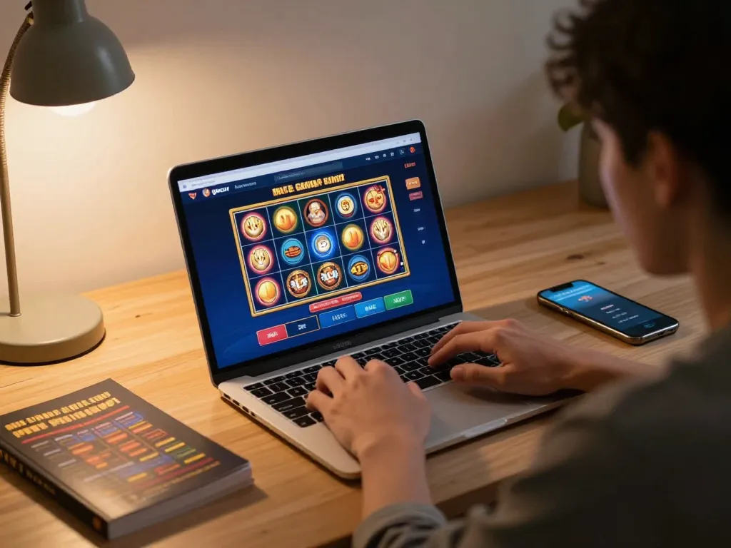 Orang yang berinteraksi dengan platform slot online link gacor di laptop, menunjukkan pengalaman bermain yang imersif.
