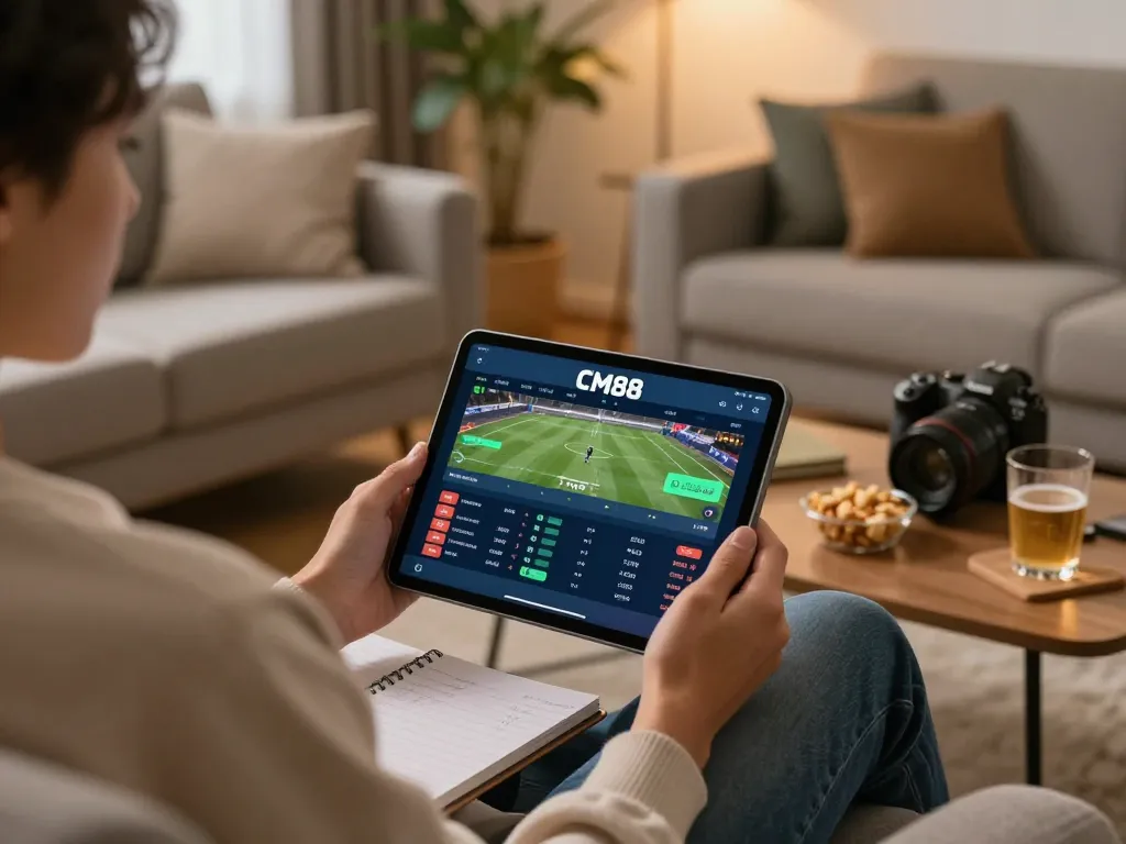 Engaging user betting on CM88 app from cozy home setting, showcasing online gambling experience.