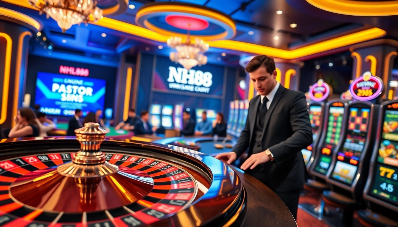 Engage with NH88 at a vibrant casino featuring roulette and poker tables with colorful chips.
