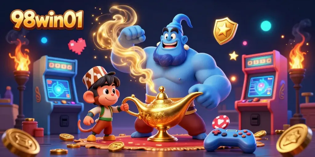 Experience the magic of 98win01 with a dynamic scene featuring a genie, monkey, and poker chips.