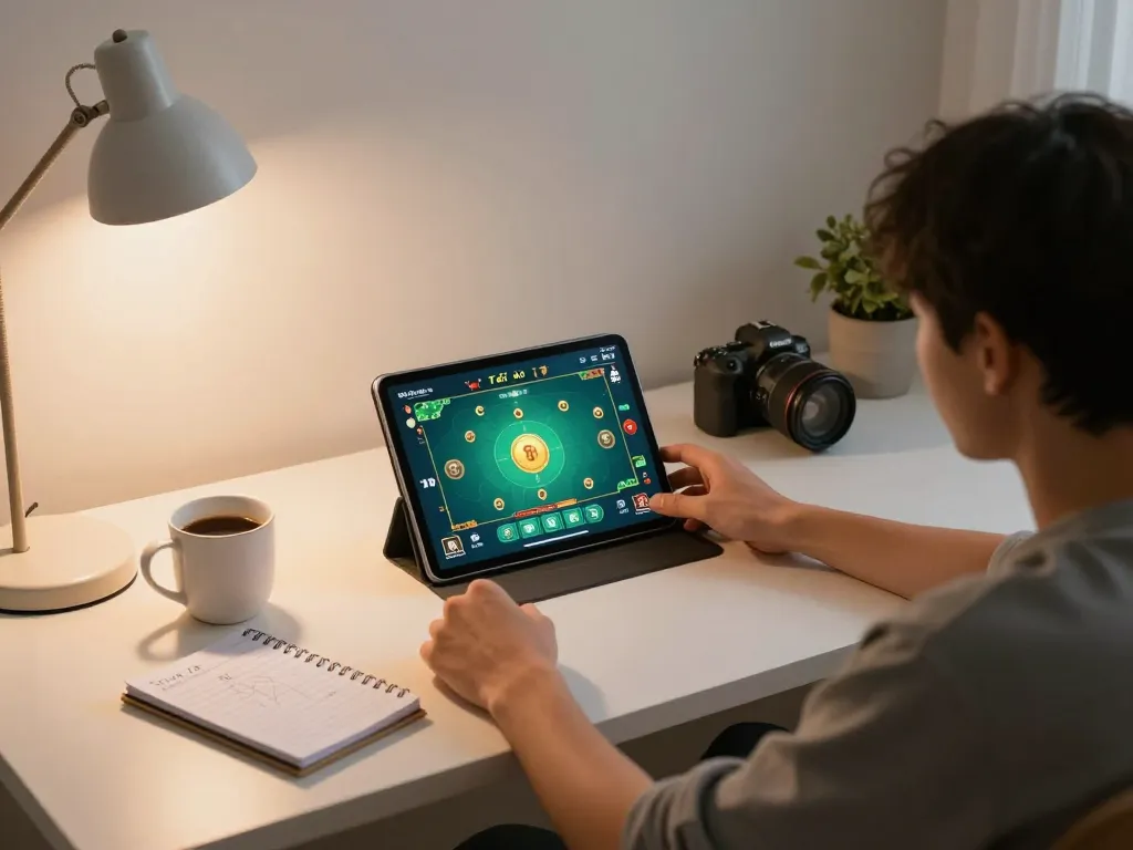 Engaged player strategizing for Tài Xỉu in a cozy home setup with tablet interface visible.