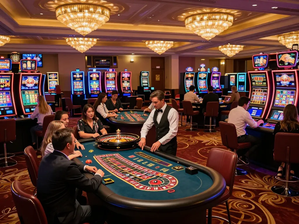 Experience the thrill of gaming at HIT CLUB casino with players engaging at roulette table and vibrant slot machines.